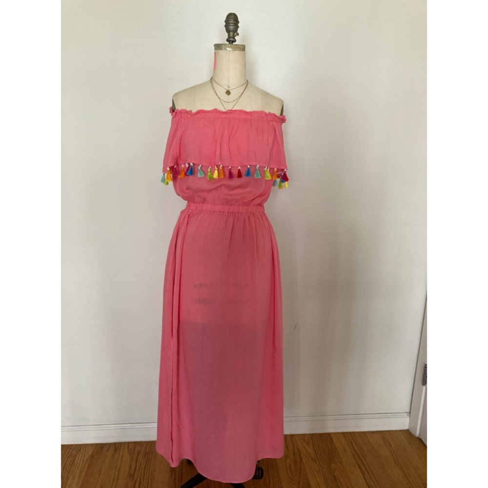 Pink swimsuit cover-up with tassels